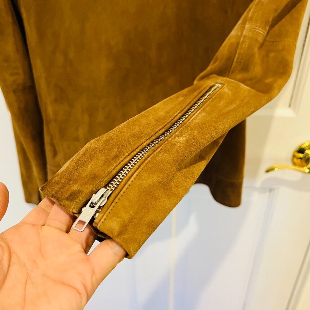 Theory Suede Goat Leather Womens Cognac Brown Tan Bike Jacket Coat Size Small - Picture 13 of 16